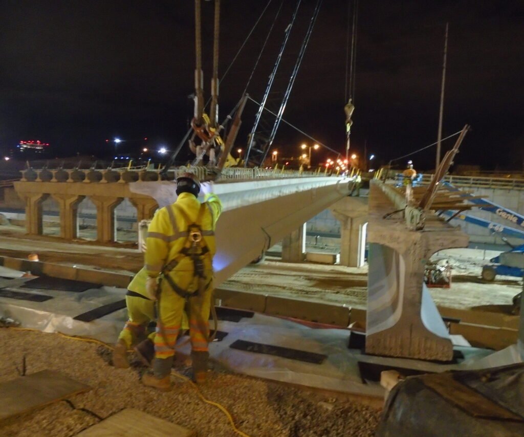 Setting concrete girders at night